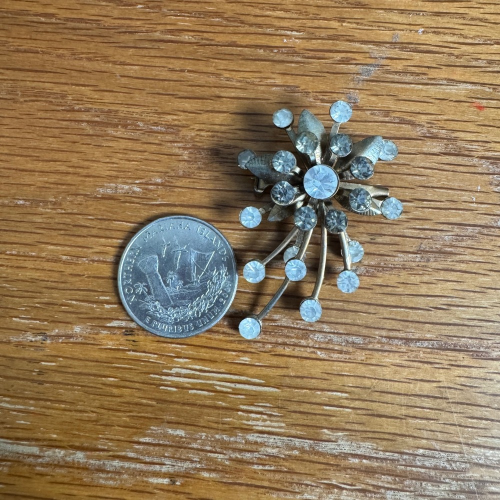 Vintage Starburst Rhinestone Brooch Pin Silver Tone Mid Century Modern MCM - Picture 6 of 6
